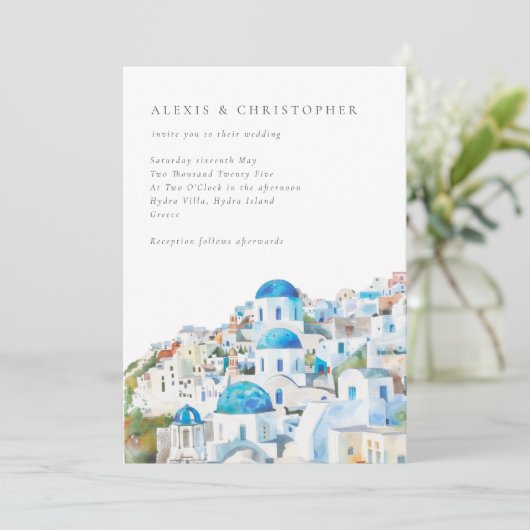 Invitation Aquarelle bleu Santorini QR Code Mariage (Debout devant)