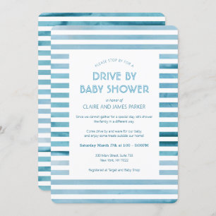 Invitation Aquarelle Bleu Stripes Drive Par Baby shower