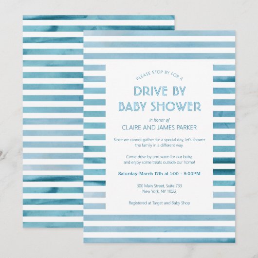 Invitation Aquarelle Bleu Stripes Drive Par Baby shower (Devant / Derrière)