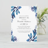 Invitation Aquarelle bleu Sweet 16. Floral 16e anniversaire (Debout devant)