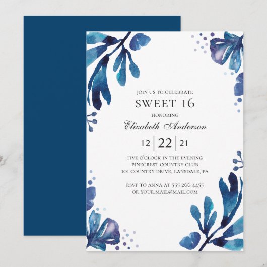 Invitation Aquarelle bleu Sweet 16. Floral 16e anniversaire (Devant / Derrière)