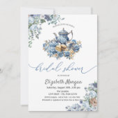 Invitation Aquarelle bleu Teapot Baby shower Floral (Devant)