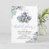 Invitation Aquarelle bleu Teapot Baby shower Floral (Debout devant)