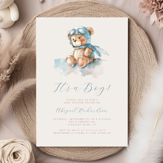 Invitation Aquarelle bleu Teddy Bear Baby shower garçon
