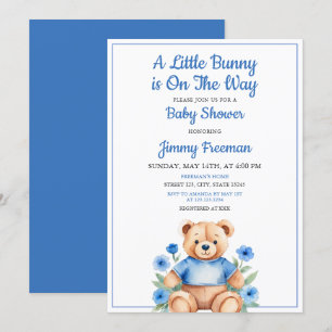 Invitation Aquarelle bleu Teddy Bear Boy Baby shower Floral