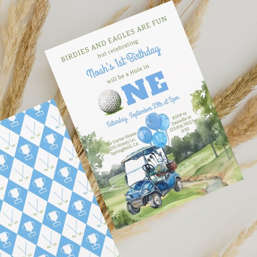 Invitation Aquarelle Bleu Trou en un Golf 1er Anniversaire