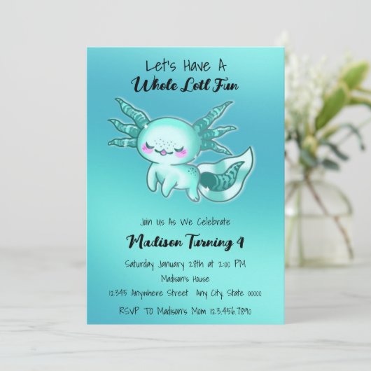 Invitation Aquarelle bleu turquoise Axolotday (Debout devant)