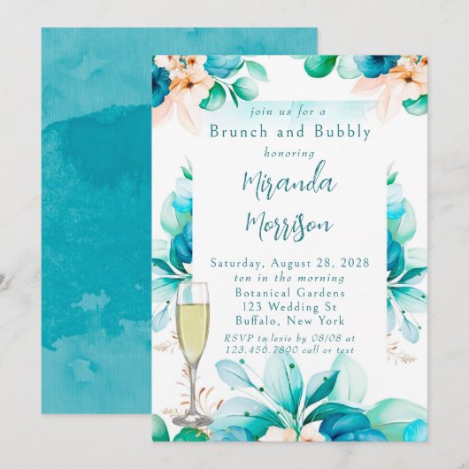 Invitation Aquarelle bleu turquoise Brunch floral et Bubbly I (Devant / Derrière)