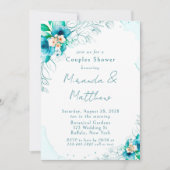 Invitation Aquarelle bleu turquoise Couples Floral Douche (Devant)