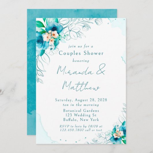 Invitation Aquarelle bleu turquoise Couples Floral Douche (Devant / Derrière)