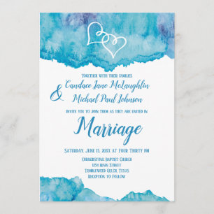 Invitation Aquarelle bleu turquoise Mariage double coeur