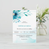 Invitation Aquarelle bleu turquoise Mariage floral (Debout devant)