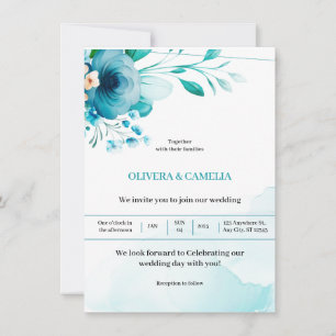 Invitation Aquarelle bleu turquoise Mariage floral