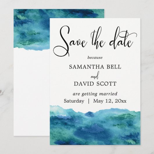 Invitation Aquarelle bleu vert Aqua Moderne Enregistrer la da (Devant / Derrière)