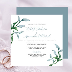 Invitation Aquarelle Bleu Vert Feuilles Mariage élégant