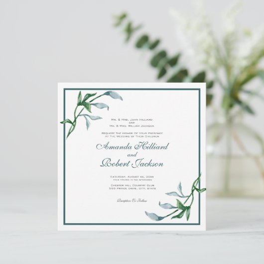 Invitation Aquarelle bleu vert Mariage (Debout devant)