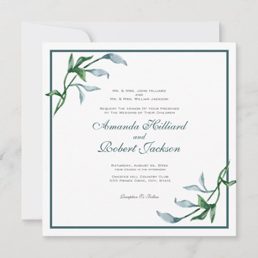 Invitation Aquarelle bleu vert Mariage (Devant)