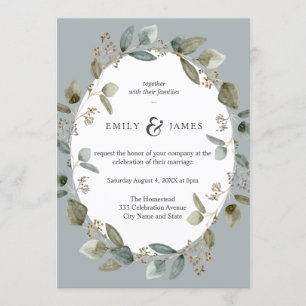Invitation Aquarelle bleu vert Mariage de Greeney Feuilles