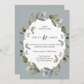 Invitation Aquarelle bleu vert Mariage Feuille Greeney (Devant / Derrière)