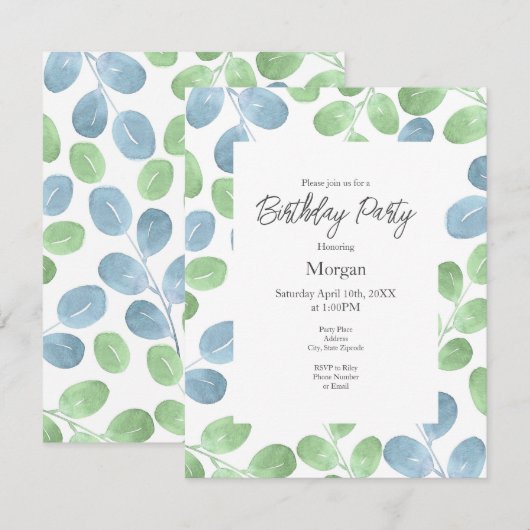 Invitation Aquarelle bleu vert Motif feuille ronde (Devant / Derrière)