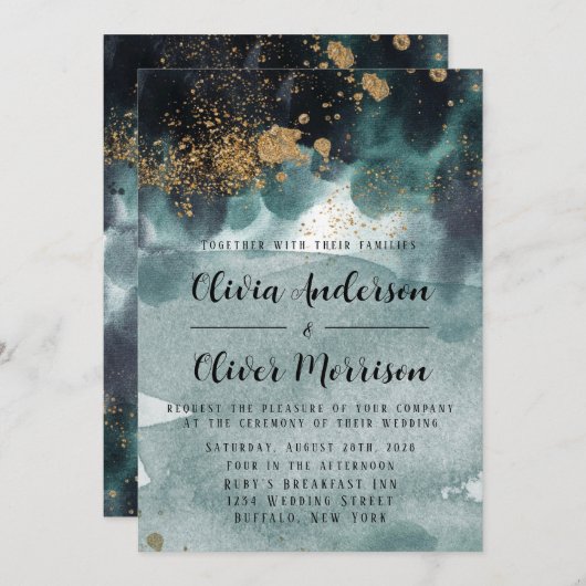 Invitation Aquarelle bleu vert or Agate Beach Wedding Inv (Devant / Derrière)