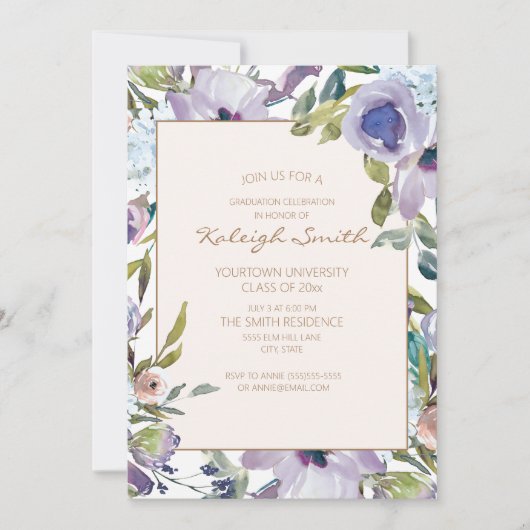 Invitation Aquarelle bleu violet bleu-dusty Graduation floral (Devant)