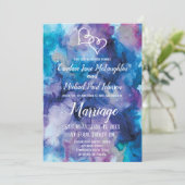 Invitation Aquarelle bleu violet double coeur Mariage Invit (Debout devant)