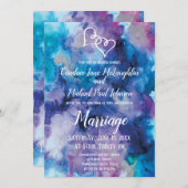 Invitation Aquarelle bleu violet double coeur Mariage Invit (Devant / Derrière)