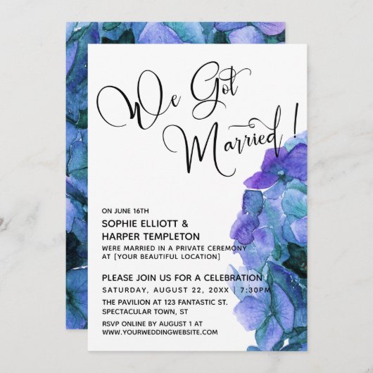 Invitation Aquarelle bleu violet Hydrangea Nous Nous Sommes M (Devant / Derrière)