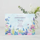 Invitation Aquarelle bleu violet Mariage esthétique floral (Debout devant)