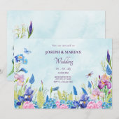 Invitation Aquarelle bleu violet Mariage esthétique floral (Devant / Derrière)