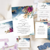 Invitation Aquarelle bleu violet turquoise, Mariage du jardin