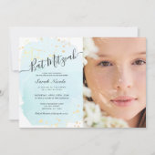 Invitation Aquarelle bleu x Bat mitzvah photo or (Devant)