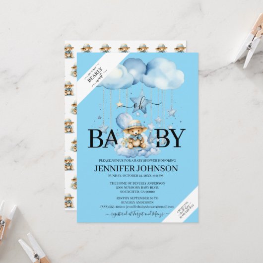 Invitation Aquarelle Bleue adorable Baby shower Ours En Teddy (Devant/Arrière en situation)