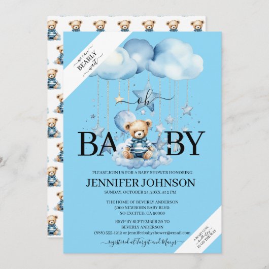 Invitation Aquarelle Bleue adorable Baby shower Ours En Teddy (Devant / Derrière)