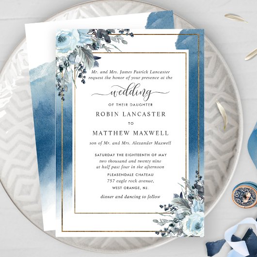 Invitation Aquarelle bleue avec Floral Bleu, Parents Hébergem