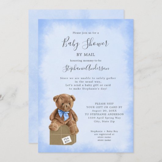 Invitation Aquarelle bleue Baby shower Brown d'ours par courr (Devant / Derrière)