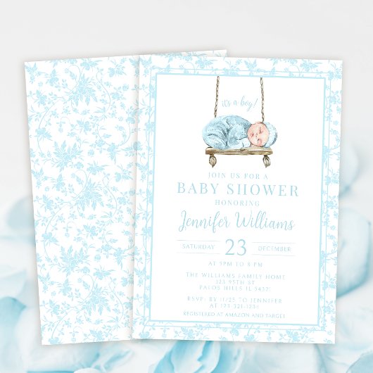 Invitation Aquarelle bleue balançoire bébé garçon douche