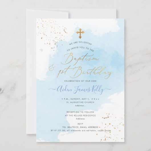 Invitation Aquarelle bleue Baptême d'or+1er anniversaire (Devant)