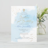 Invitation Aquarelle bleue Baptême d'or+1er anniversaire (Debout devant)
