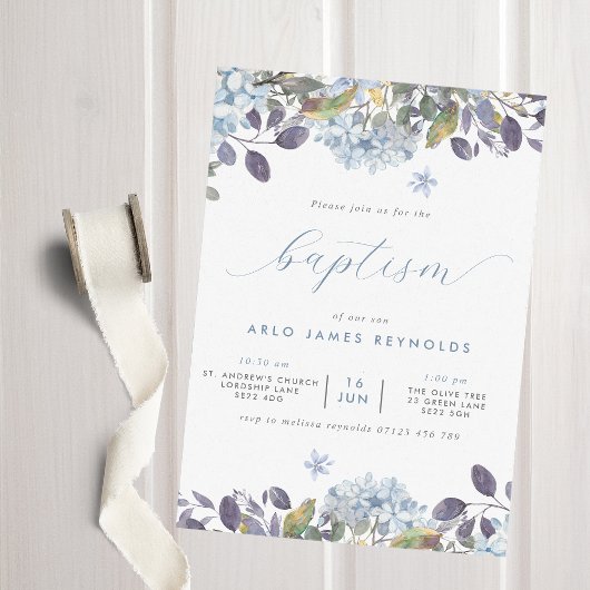 Invitation Aquarelle bleue Baptême floral