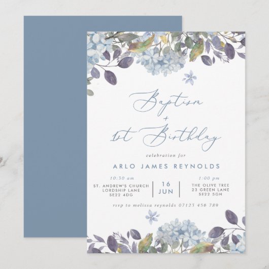 Invitation Aquarelle bleue Baptême floral & 1er anniversaire (Devant / Derrière)
