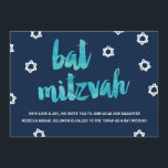Invitation Aquarelle bleue| Bat mitzvah unique<br><div class="desc">Cette invitation unique et assez bat mitzvah présente une aquarelle bleue peinte,  une calligraphie de script brossé et des étoiles de David peintes en blanc. L'arrière du invitation comprend de l'espace pour les détails bat mitzvah et les détails de la fête du soir.</div>