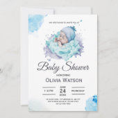 Invitation Aquarelle Bleue Bébé Douche pour garçon souple (Devant)