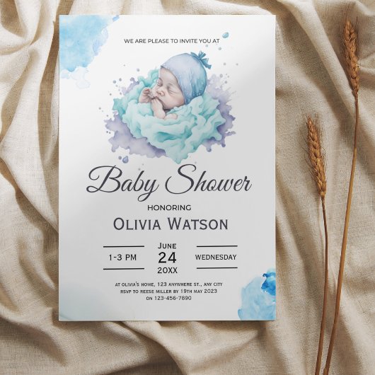 Invitation Aquarelle Bleue Bébé Douche pour garçon souple