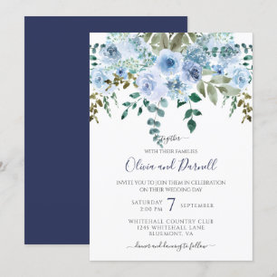 Invitation Aquarelle bleue Bouquet Floral Mariage I Lt Blue