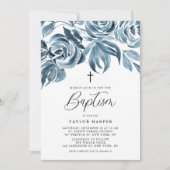 Invitation Aquarelle bleue Bouquet Rose d'hiver Baptême (Devant)