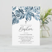 Invitation Aquarelle bleue Bouquet Rose d'hiver Baptême (Debout devant)