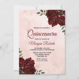 Invitation Aquarelle bleue Bourgogne Rose rouge Quinceanera