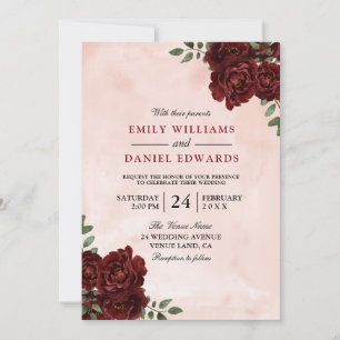 Invitation Aquarelle bleue Bourgogne Rouge Rose Mariage